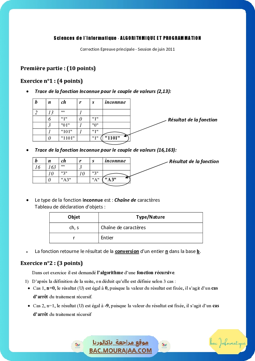 Corrigé principale algorithme Bac 2011 – Section info